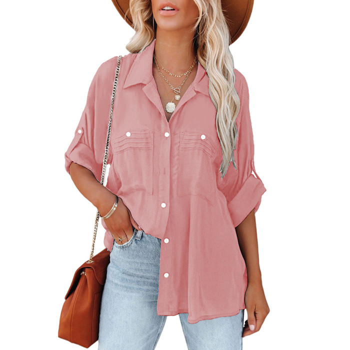 New women's solid color lapel cardigan casual shirt