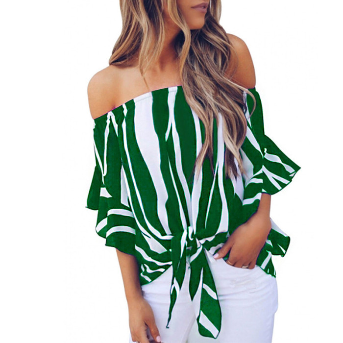 Sheath a neck flared chiffon shirt seven-point sleeve vertical stripes strapless casual tops