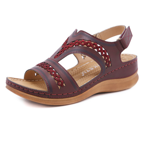 Retro round head casual sandals female slope with hollow large size comfortable sandals