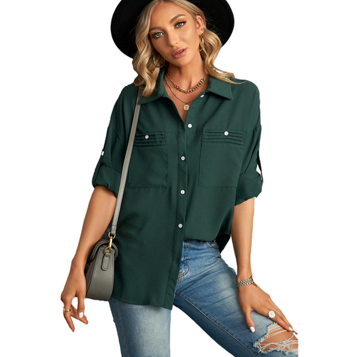 New women's solid color lapel cardigan casual shirt
