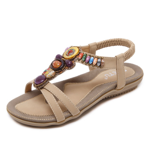 Summer bohemian beach beads retro large size flat bottom sandals