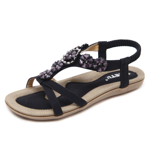 Summer sweet bohemian flowers rhinestones large size flat shoes beach sandals female