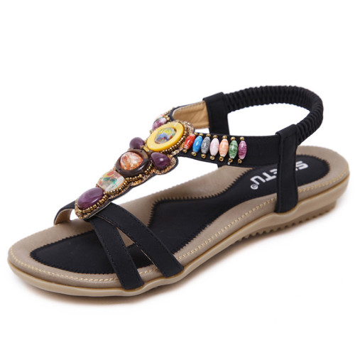 Summer bohemian beach beads retro large size flat bottom sandals