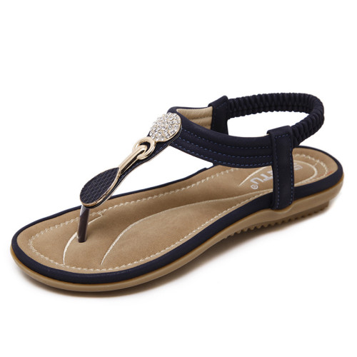 New ethnic wind sandals female metal buckle rhinestone large size flip-flops flat shoes