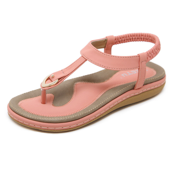 Summer new female metal large size buckle embroidery line flat sandals