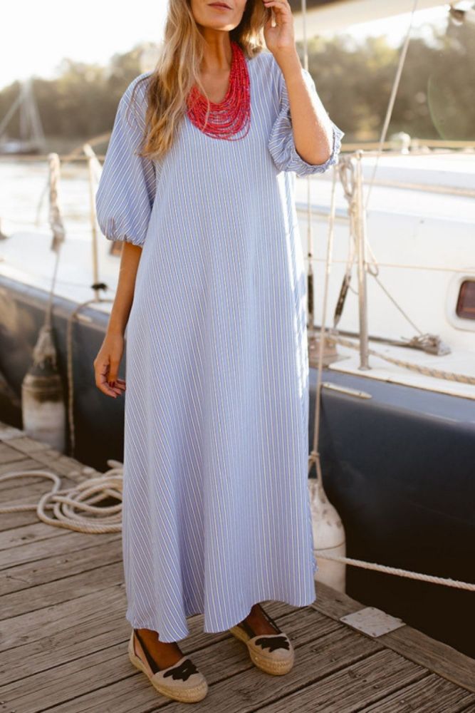 Summer new casual round neck striped dress