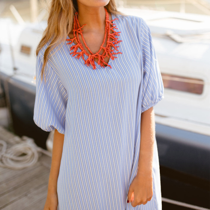 Summer new casual round neck striped dress