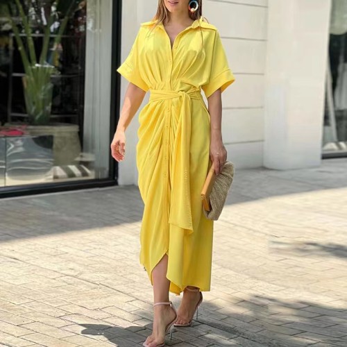 Summer lapel mid-length short-sleeved high-waisted shirt dress dress