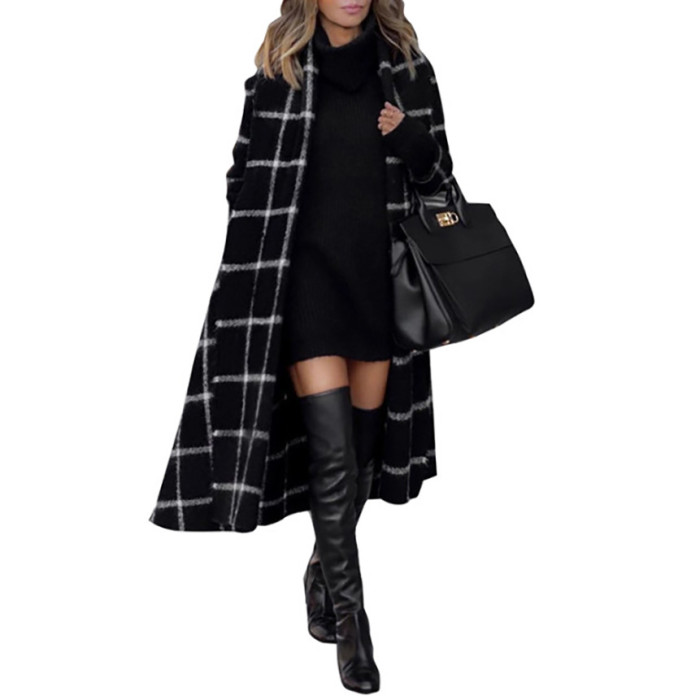 Plaid jacket autumn and winter in the long paragraph loose long-sleeved temperament coat