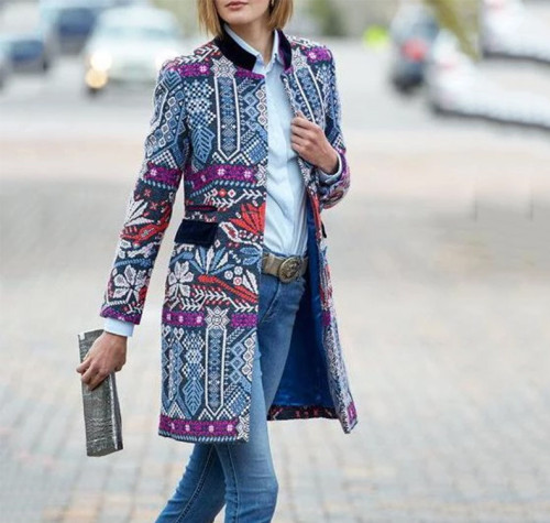 Fashion casual women's slim jacket printing medium-length jacket women
