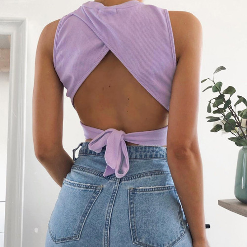 Solid color sexy hollow backless strapped undershirt top
