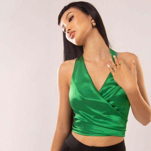 Sexy satin neck knotted backless tank top V Neck Skinny Top