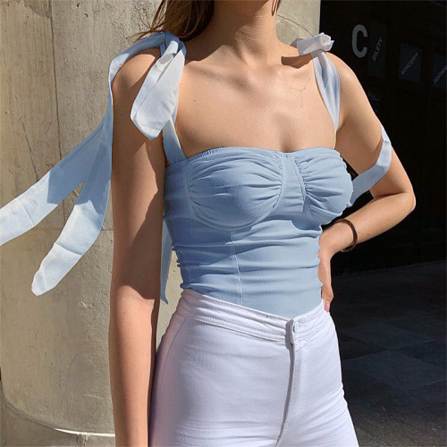 New sexy shrink pleated bra camisole top solid color slim small tank top