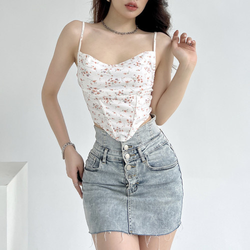Summer new floral sexy waistband slim revealing halter top