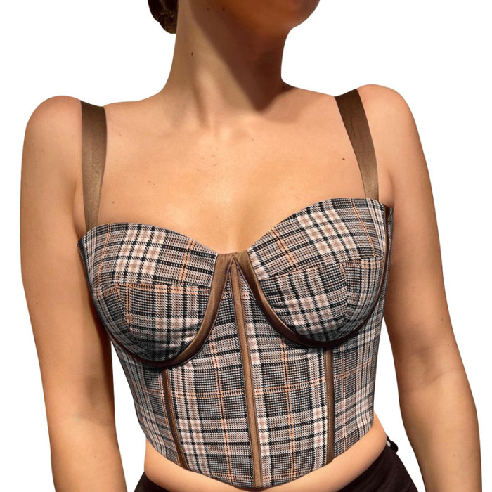 Retro plaid short tops show chest fishbone suspenders small undershirt camisole female