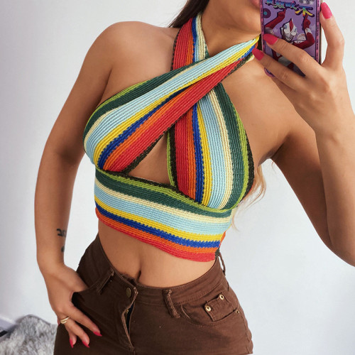 Sexy knitted crossover tops women colorful hanging neck sleeveless sexy small undershirt