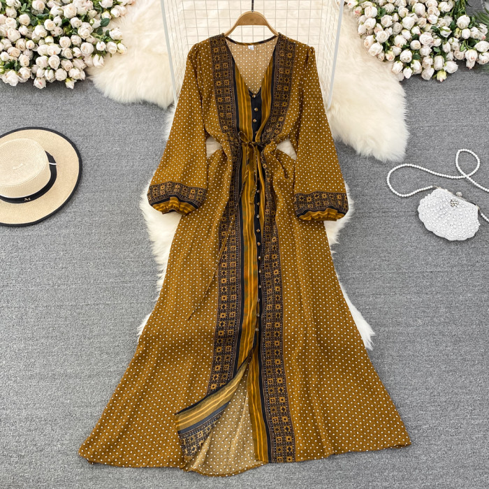 Spring&Autumn Retro Temperament Dress Lantern Sleeves Waist-slimming Polka Dot A-line Dress Elegant Vacation Swing Long Dress