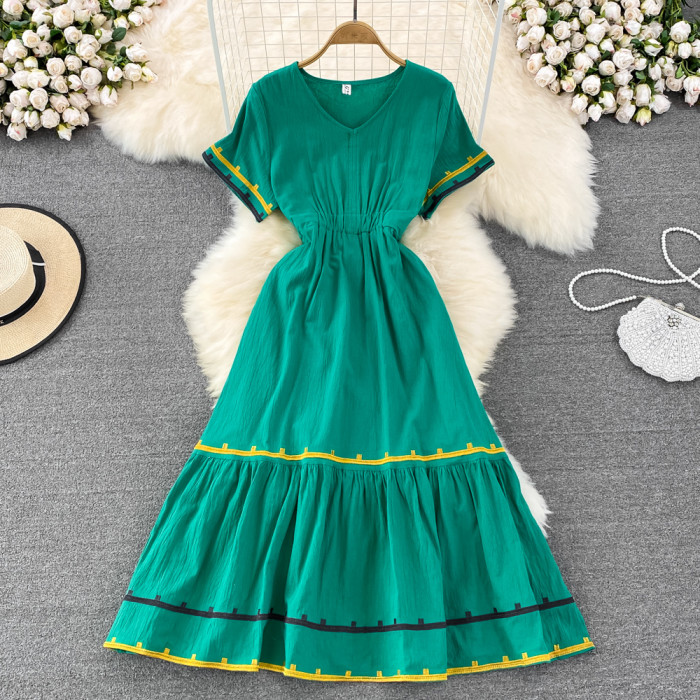 French Chic Summer Dress Collision Color High Waist Loose Ruffle Dress Elegant Seaside Vacation Big Swing Long Dress