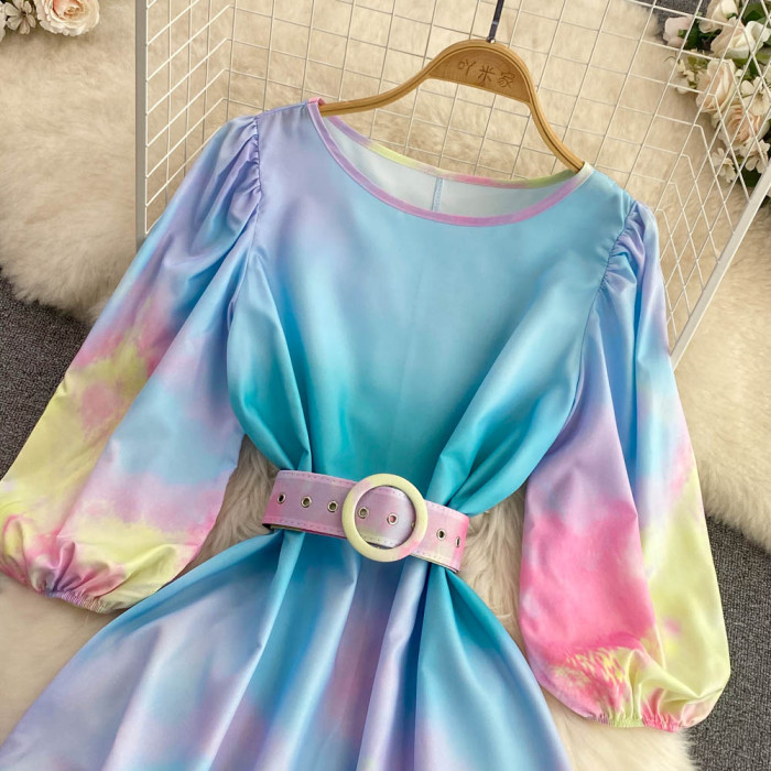 2022 Fall Korean Version of The New Round Neck Bubble Long-sleeved Waist Thin Tie-dye Print A-line Ruffle Dress Summer Dress