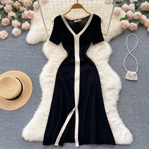 Summer New Light Mature Small Fragrant Wind Collision Color Celebrity Dress Temperament Waist Thin Short-sleeved Knitted Dress
