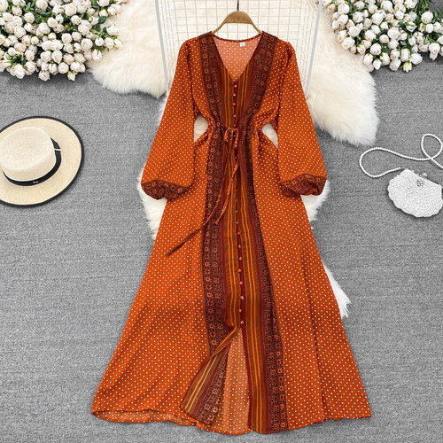 Spring&Autumn Retro Temperament Dress Lantern Sleeves Waist-slimming Polka Dot A-line Dress Elegant Vacation Swing Long Dress
