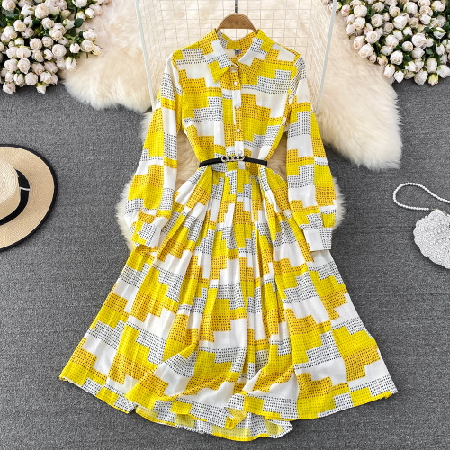 Europe&the United States Vacation Style Dress Lapel Loose Thin Belt Waist Dress Pleated Fashionable Temperament Fairy Skirt