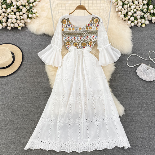 Vintage Bohemian  Embroidery Flared Sleeve Waist A-line Dress Elegant Vacation Swing Long Dress Maxi Dresses for Women