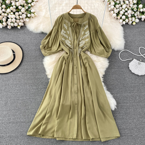Summer Retro Temperament Super Fairy Embroidery Single-breasted Loose Single-breasted Dress Elegant Large Swing Long Dress
