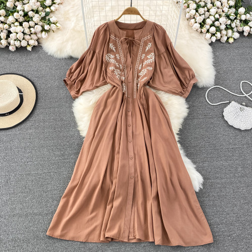 Summer Retro Temperament Super Fairy Embroidery Single-breasted Loose Single-breasted Dress Elegant Large Swing Long Dress