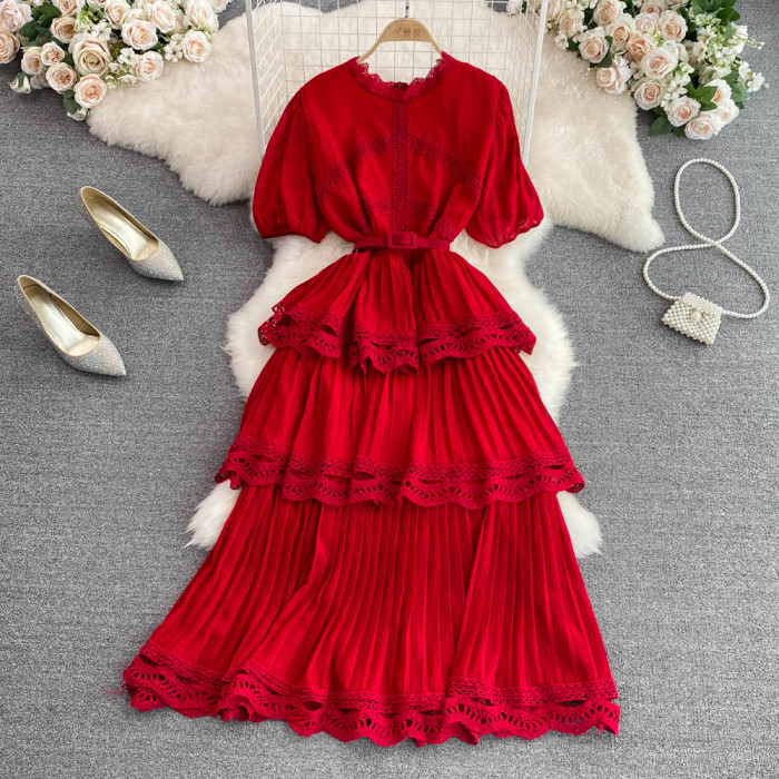 Seaside Vacation Beach Dress Retro Feminine Round Neck High Waist A-Line Cake Dress Elegant Temperament Large Hem Long Dresses
