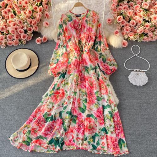 New Summer Print Round Neck Knee-length Hem Vacation Style Chiffon Dress High-end Elegant Long Dresses  Woman Dress