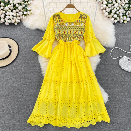 Vintage Bohemian  Embroidery Flared Sleeve Waist A-line Dress Elegant Vacation Swing Long Dress Maxi Dresses for Women