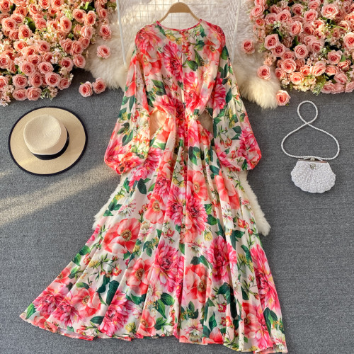 New Summer Print Round Neck Knee-length Hem Vacation Style Chiffon Dress High-end Elegant Long Dresses  Woman Dress