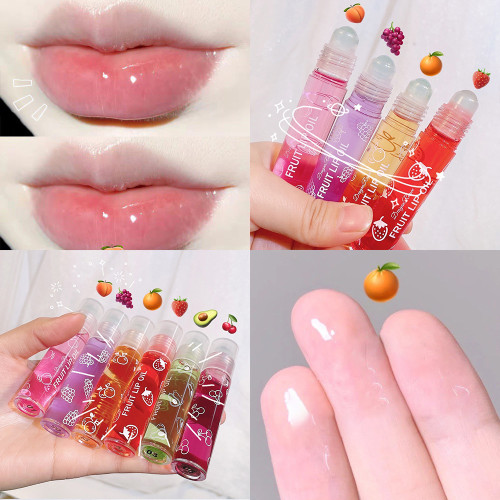 Convenient 8ml Lip Oil Roller Bead Moisturizing Liquid Fruit Moisturizing Waterproof Hydrating Lip Gloss Oil for Makeup Primer