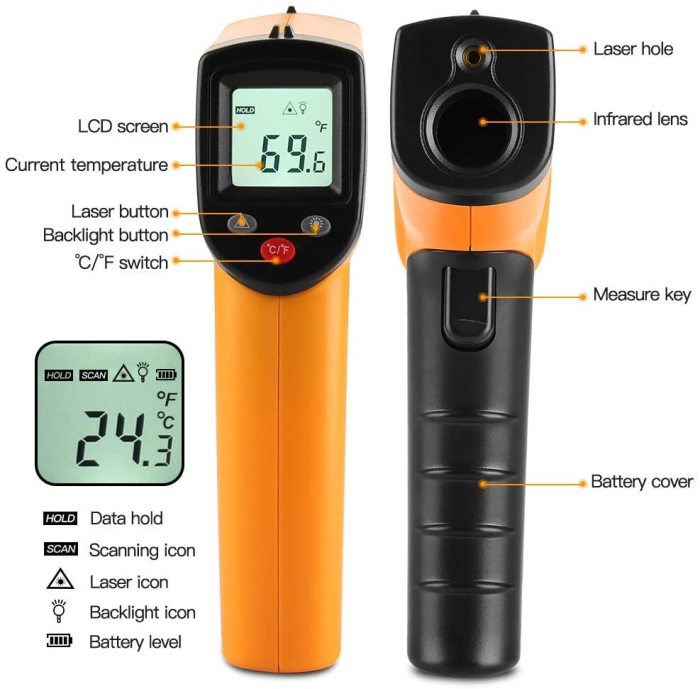 Temperature Gun, Digital Infrared Thermometer (Not for Human) Non-Contact -58℉ - 752℉ (-50℃ to 400℃) LCD Screen Digital Temperature Gun Alarm Setting for Cooking BBQ
