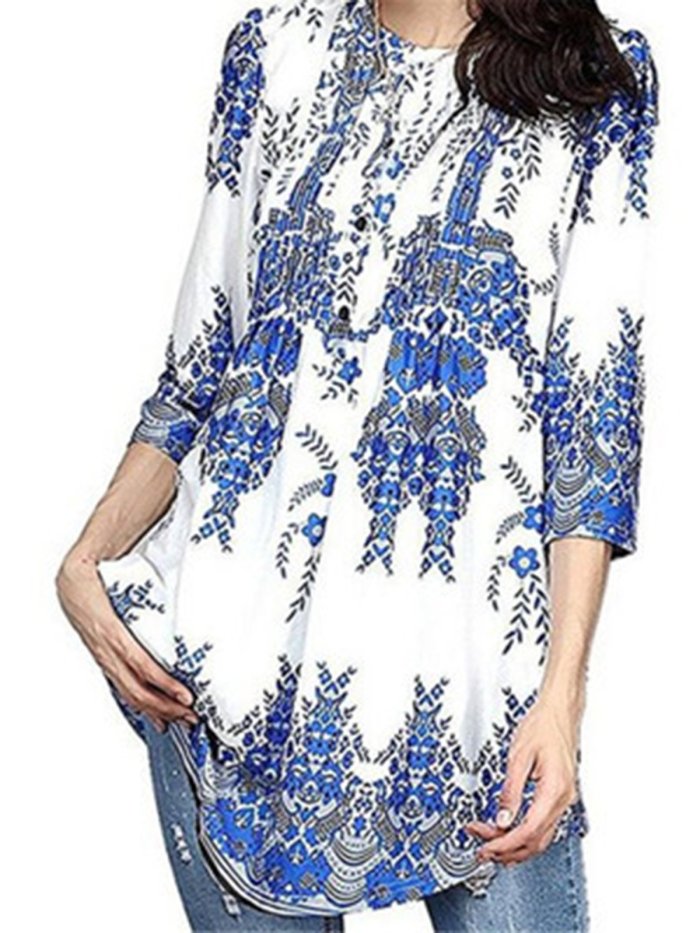 Floral Printed Crew Neck 3/4 Sleeve Folds Casual Tunic