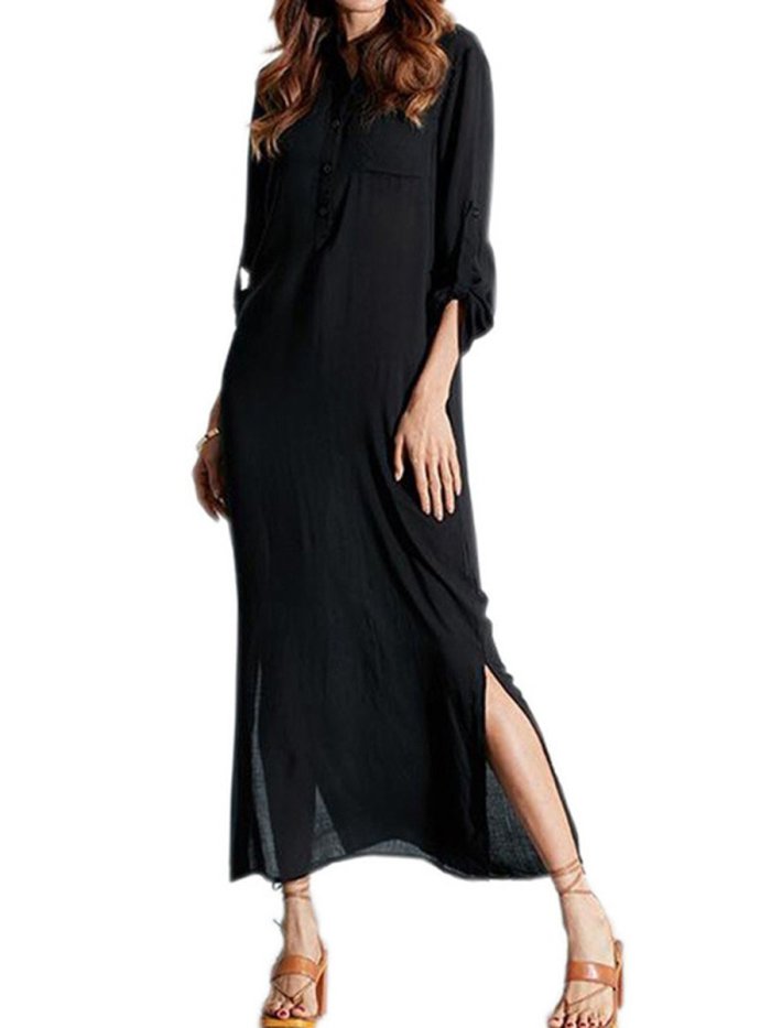 Band Collar  Patch Pocket  Plain  Polyester Maxi whole colored Dress