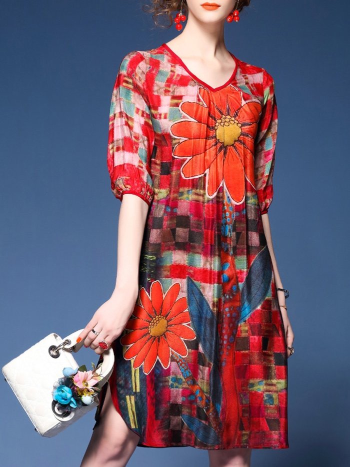 A-line Half Sleeve Floral Binding Casual Dress