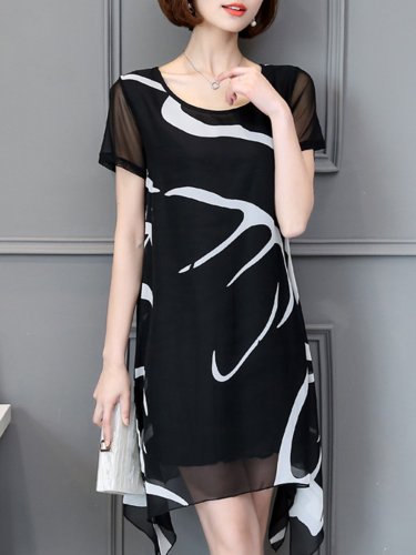 Asymmetrical Stripes Printed Plus Size Chiffon Dress