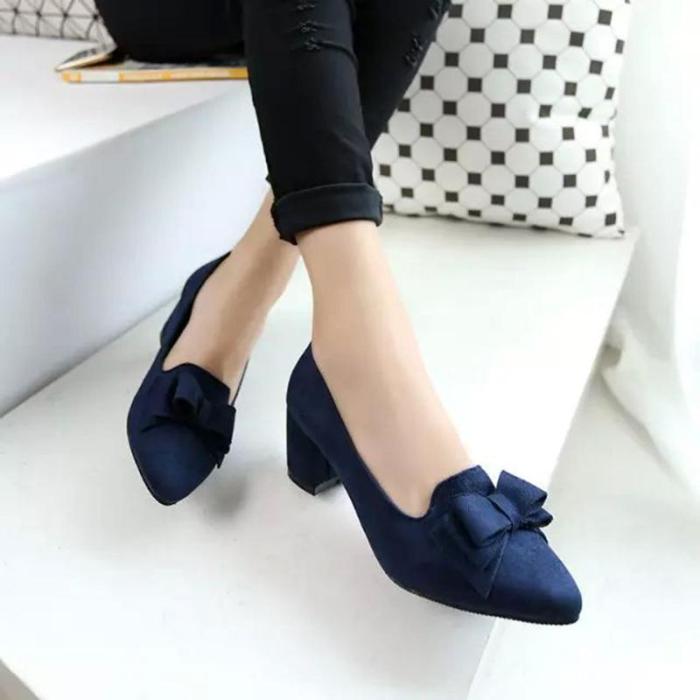 Bowknot Suede Women Chunky Heel Pointed Toe Pumps