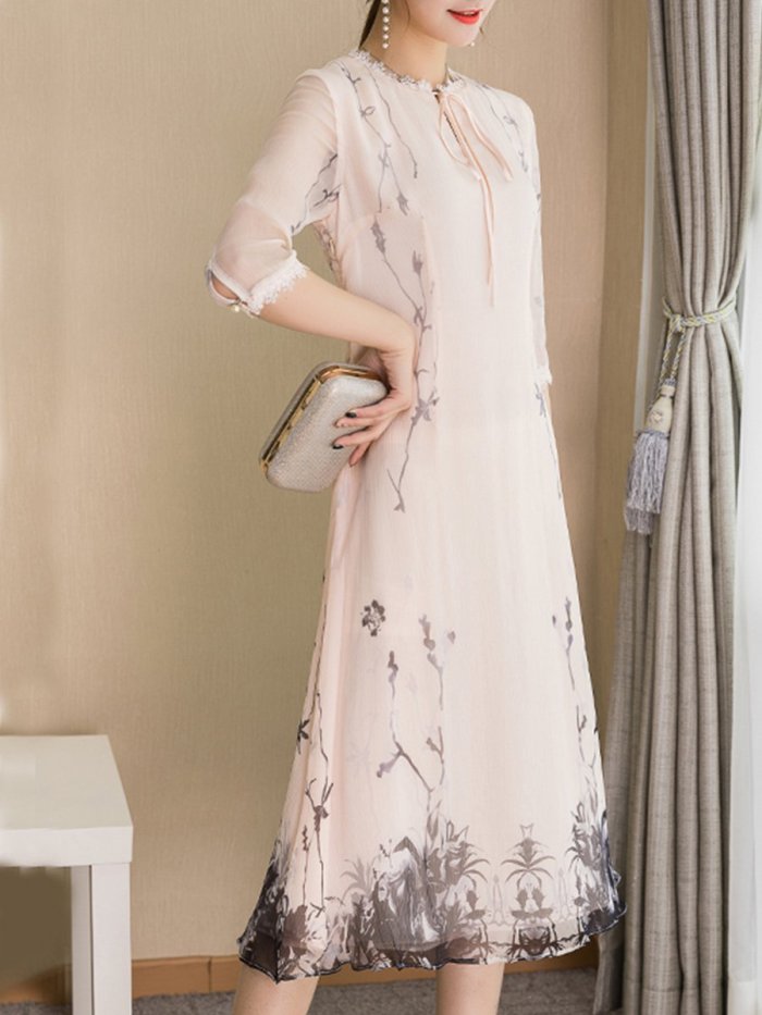 Woman Round Neck  Patchwork  Floral Printed Maxi Dress