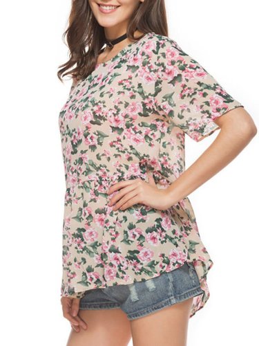 Floral Printed Crew Neck Short Sleeve Casual Blouses