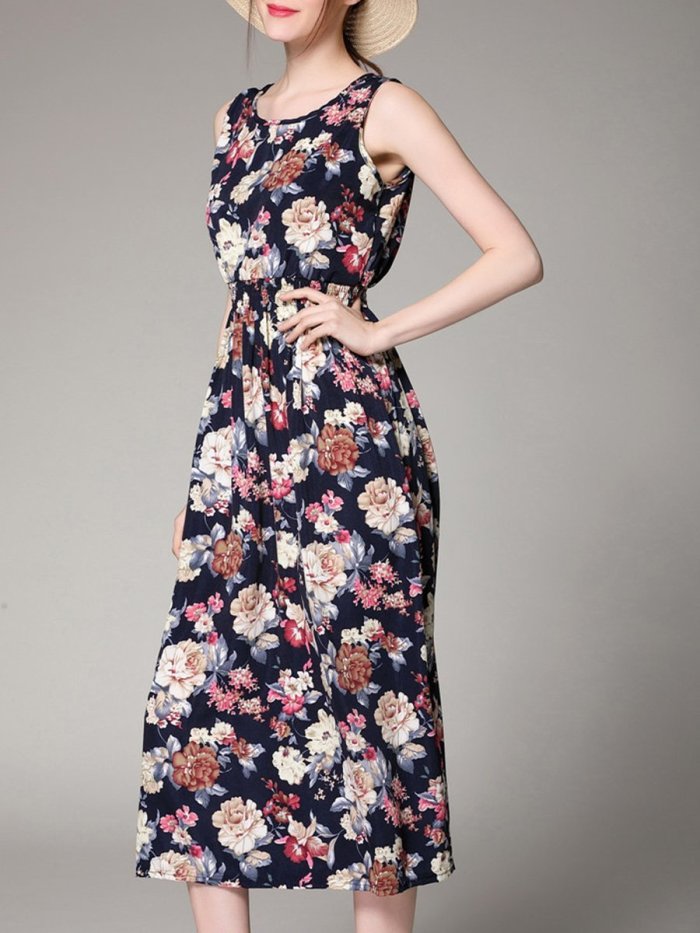 Round Neck  Elastic Waist  Floral Printed Maxi Dress