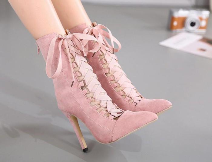Gladiator Stiletto Booties Pointed Toe Strappy Lace Up Pumps