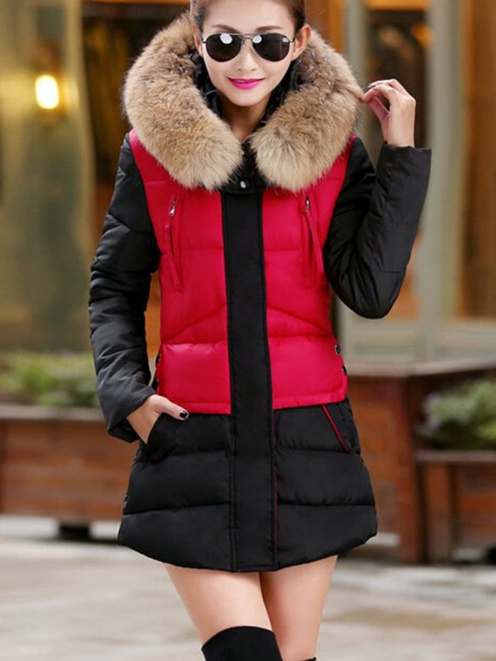 Hooded Color Block Quilted Zips Pocket Padded Coat