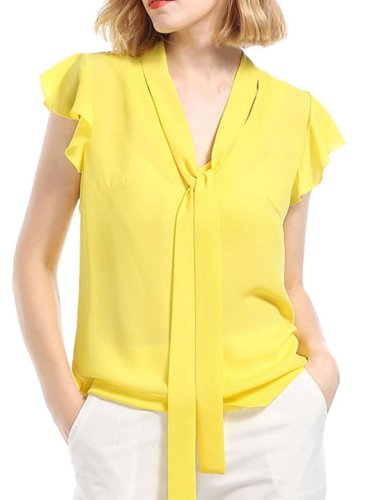 Yellow Solid Chiffon Frill Sleeve V-Neck Blouses &