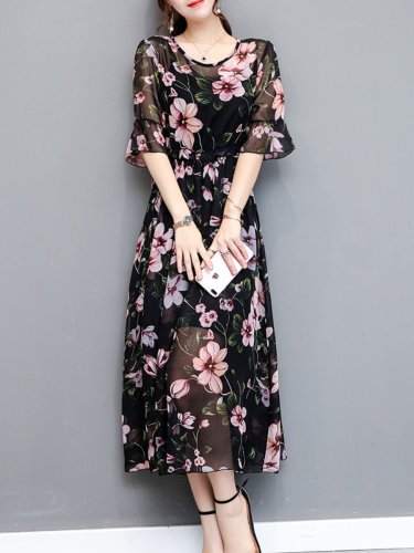 Round Neck  Drawstring  Floral Printed  Bell Sleeve Maxi Dress