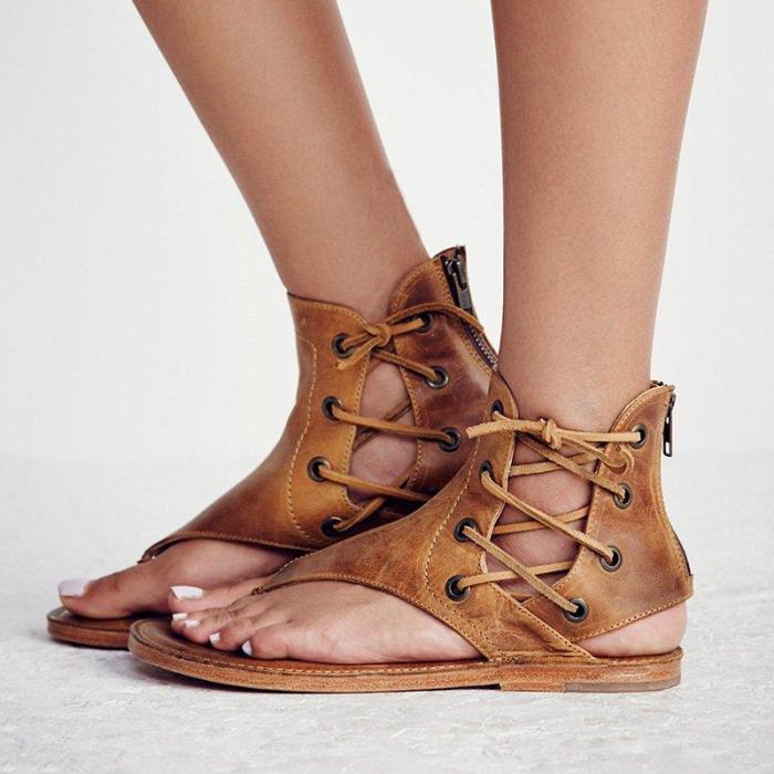 Plus Size Lace-up PU Sandals with Zippers