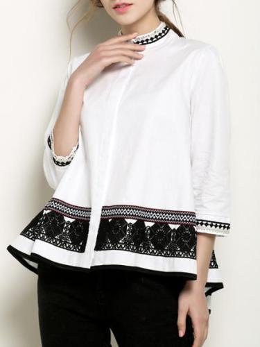 Embroidered Floral Casual Stand Collar Beaded Blouse