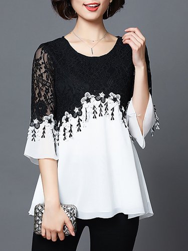 Guipure Lace Casual Bell Sleeve Blouse